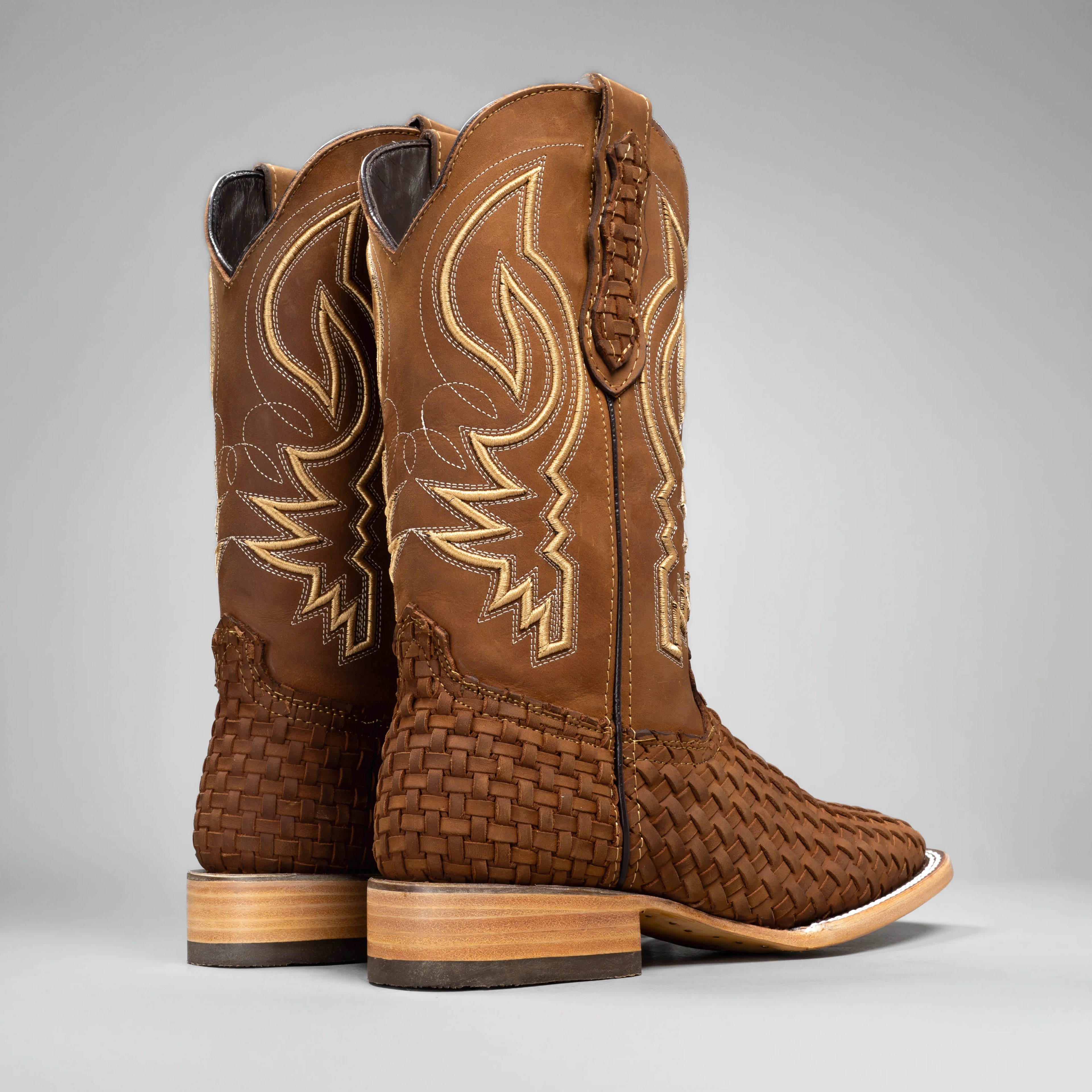 Joe Boots Men's Genuine Braided Leather Square Toe Cowboy Boots – Tan