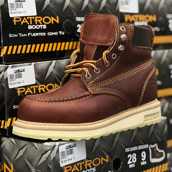 Patron Men’s Lace-Up Work Boots, Oiled Leather with Wedge Sole, Moc Toe - Oak Brown