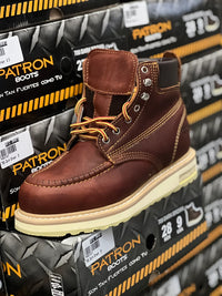 Patron Men’s Lace-Up Work Boots, Oiled Leather with Wedge Sole, Moc Toe - Oak Brown