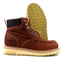 Patron Men’s Lace-Up Work Boots, Oiled Leather with Wedge Sole, Moc Toe - Oak Brown