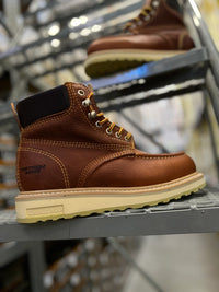Patron Men’s Lace-Up Work Boots, Oiled Leather with Wedge Sole, Moc Toe - Oak Brown