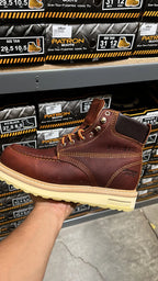 Patron Men’s Lace-Up Work Boots, Oiled Leather with Wedge Sole, Moc Toe - Oak Brown