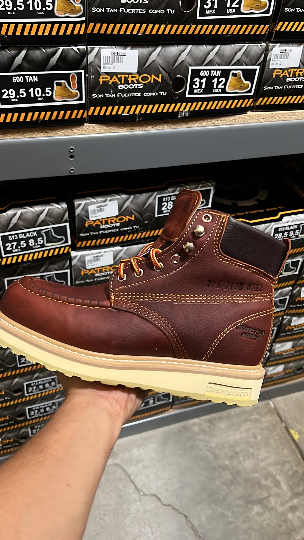 Patron Men’s Lace-Up Work Boots, Oiled Leather with Wedge Sole, Moc Toe - Oak Brown