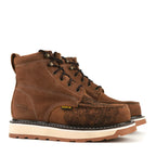 Patron Men’s Lace-Up Work Boots, Crazy Horse Leather with Aztec Tooled Vamp and Wedge Sole, Moc Toe - Brown