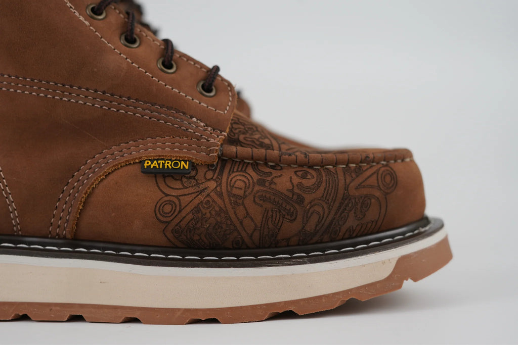 Patron Men’s Lace-Up Work Boots, Crazy Horse Leather with Aztec Tooled Vamp and Wedge Sole, Moc Toe - Brown