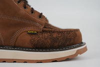 Patron Men’s Lace-Up Work Boots, Crazy Horse Leather with Aztec Tooled Vamp and Wedge Sole, Moc Toe - Brown