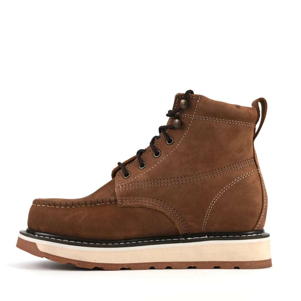 Patron Men’s Lace-Up Work Boots, Crazy Horse Leather with Aztec Tooled Vamp and Wedge Sole, Moc Toe - Brown