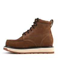 Patron Men’s Lace-Up Work Boots, Crazy Horse Leather with Aztec Tooled Vamp and Wedge Sole, Moc Toe - Brown