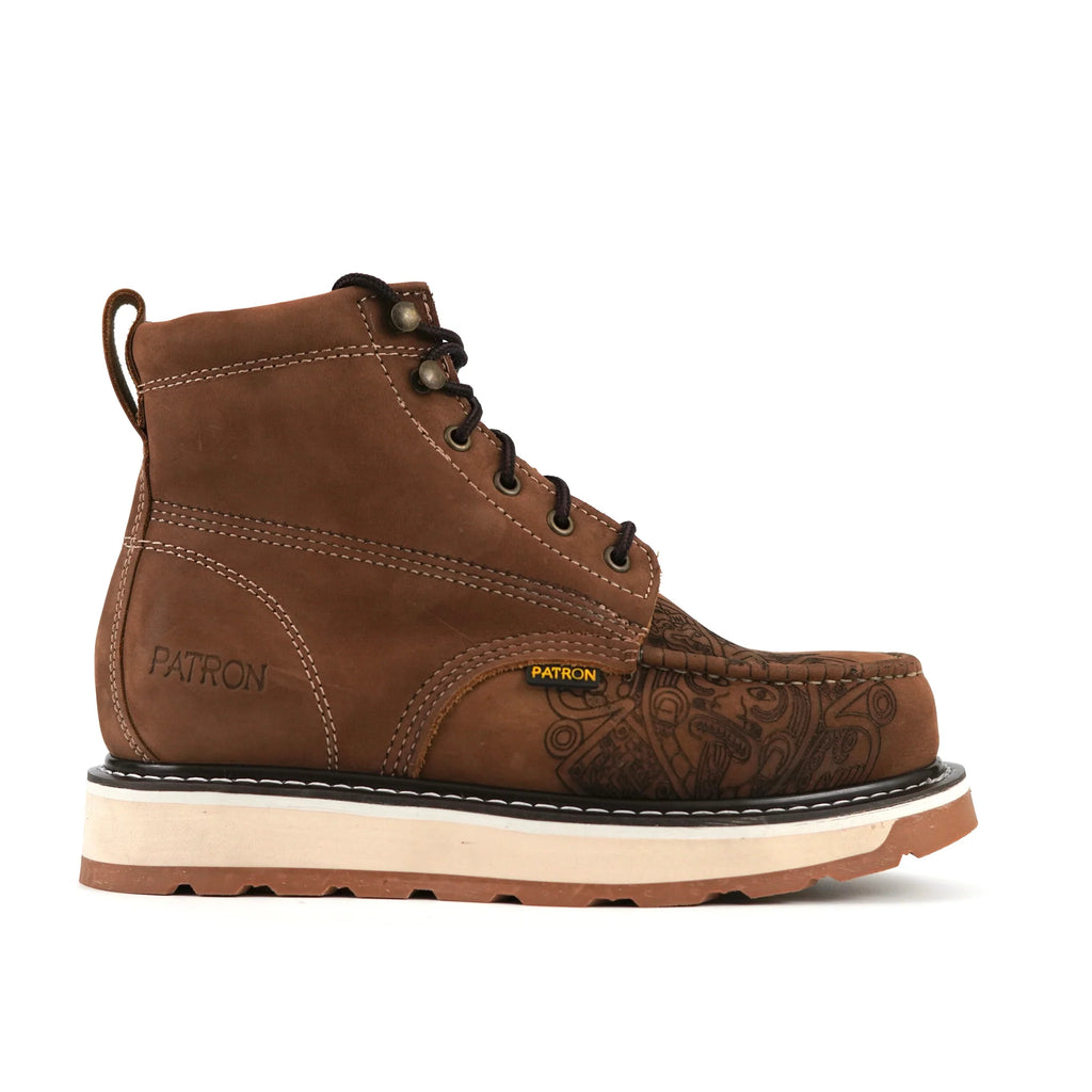 Patron Men’s Lace-Up Work Boots, Crazy Horse Leather with Aztec Tooled Vamp and Wedge Sole, Moc Toe - Brown