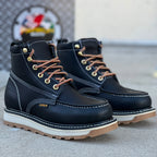 Patron Men’s Lace-Up Work Boots, Leather with Wedge Sole, Moc Toe - Black