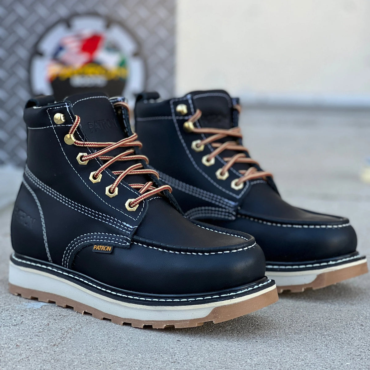 Patron Men’s Lace-Up Work Boots, Leather with Wedge Sole, Moc Toe - Black