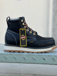 Patron Men’s Lace-Up Work Boots, Leather with Wedge Sole, Moc Toe - Black