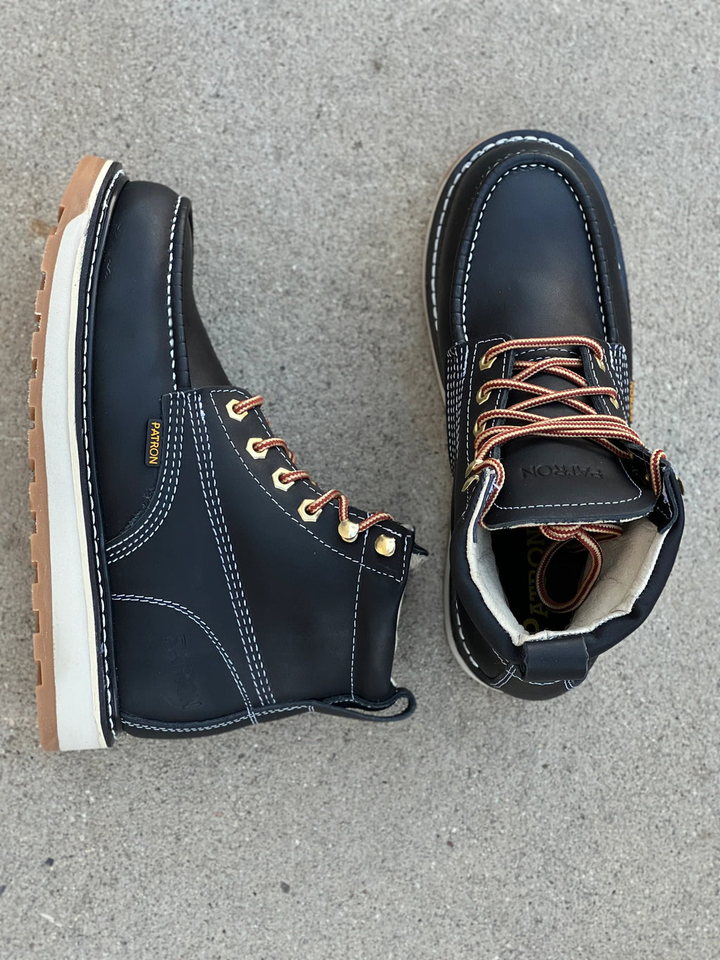 Patron Men’s Lace-Up Work Boots, Leather with Wedge Sole, Moc Toe - Black