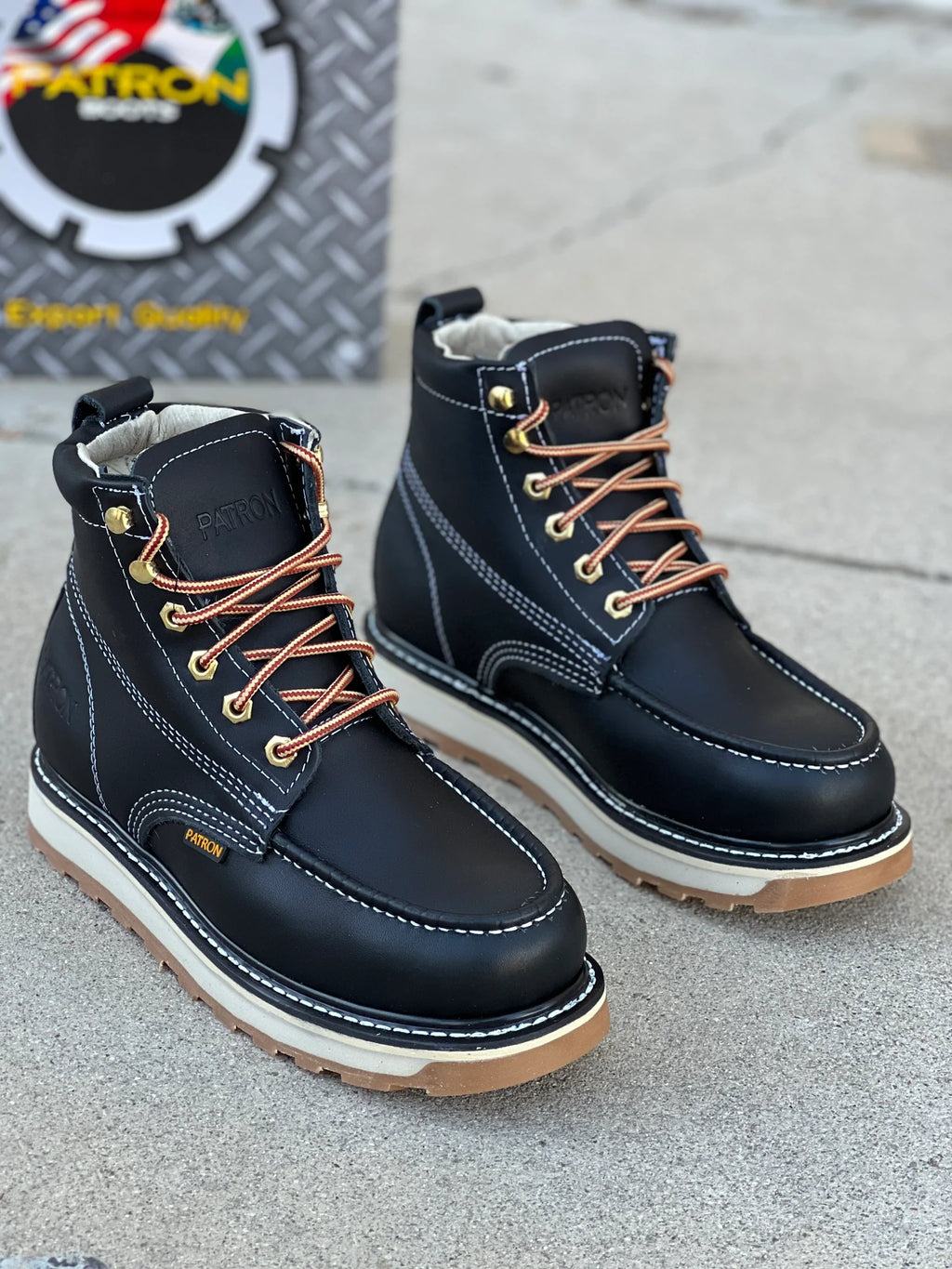 Patron Men’s Lace-Up Work Boots, Leather with Wedge Sole, Moc Toe - Black