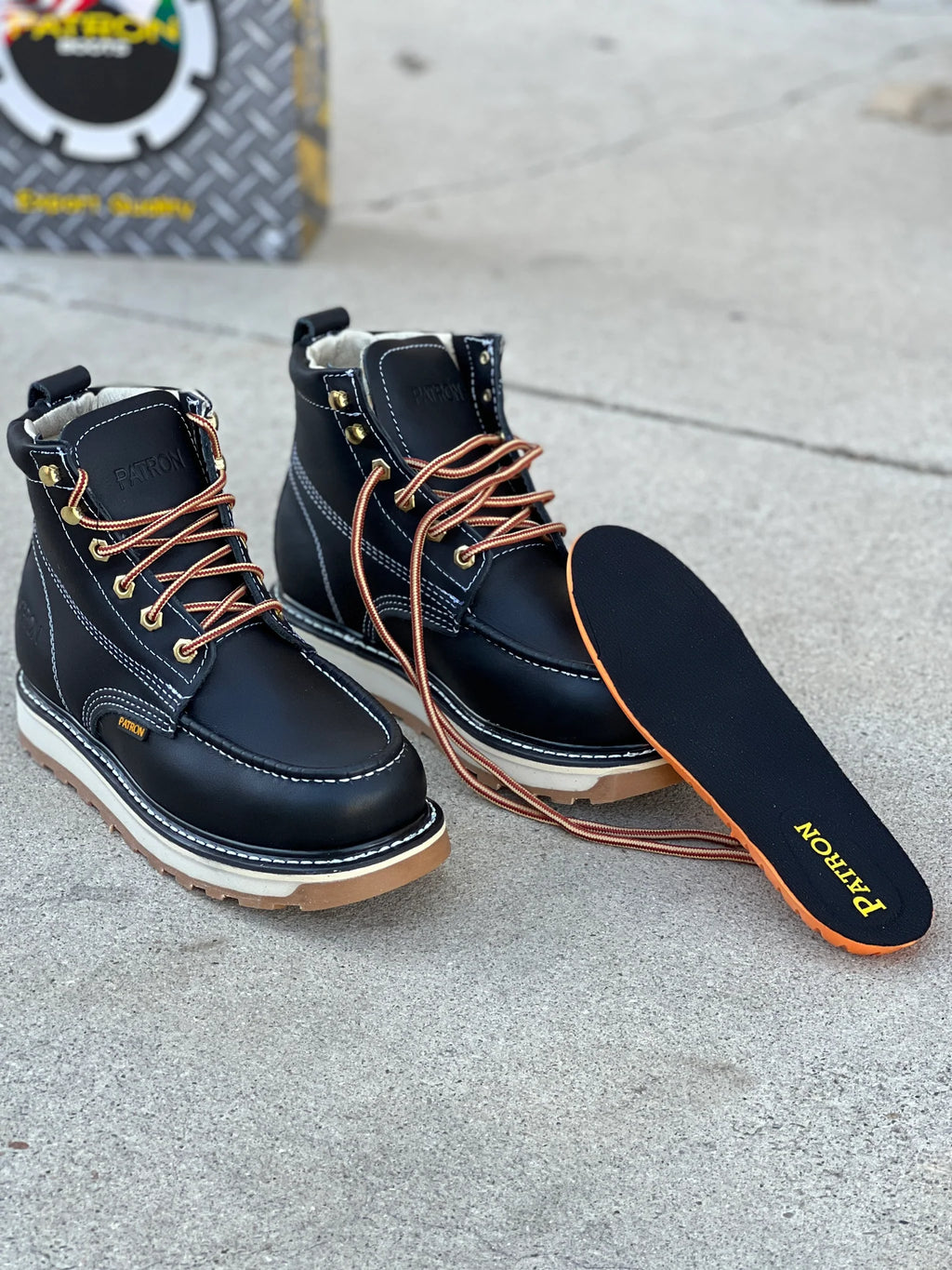 Patron Men’s Lace-Up Work Boots, Leather with Wedge Sole, Moc Toe - Black