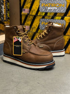 Patron Men’s Lace-Up Work Boots, Crazy Horse Leather with Wedge Sole, Moc Toe - Brown