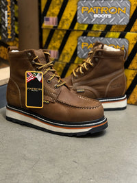 Patron Men’s Lace-Up Work Boots, Crazy Horse Leather with Wedge Sole, Moc Toe - Brown