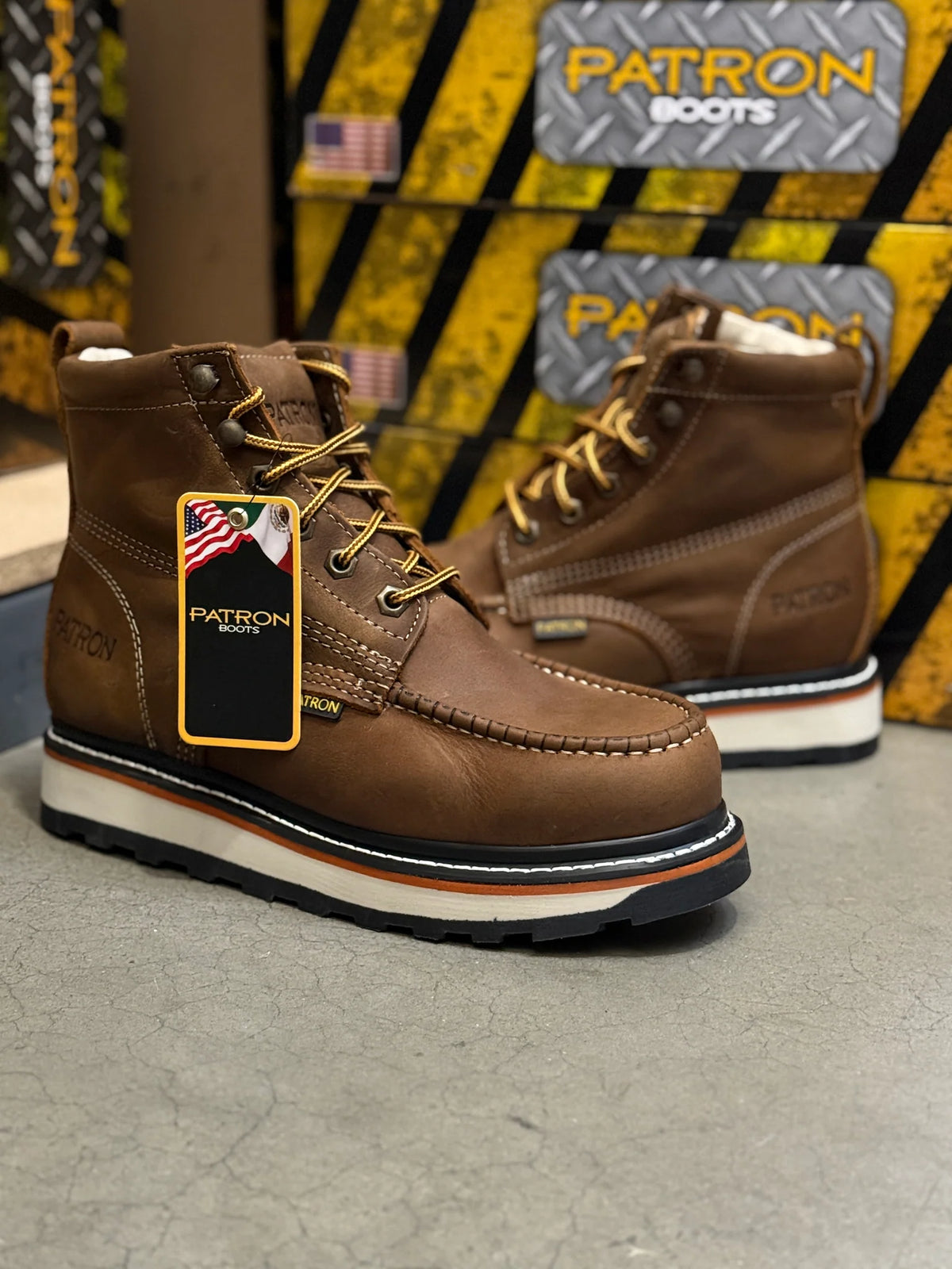 Patron Men’s Lace-Up Work Boots, Crazy Horse Leather with Wedge Sole, Moc Toe - Brown