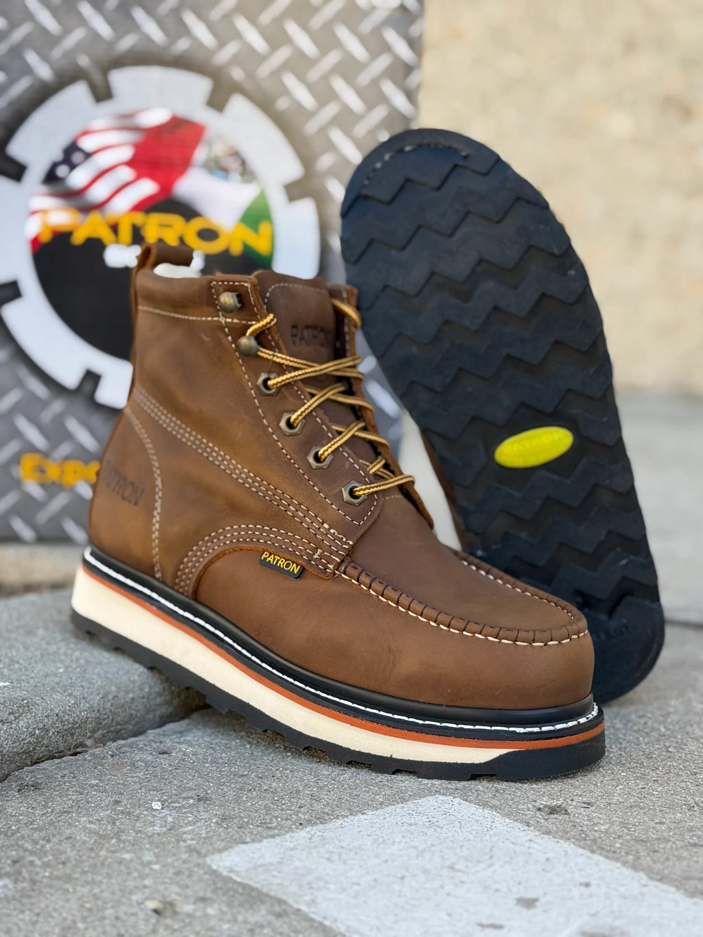 Patron Men’s Lace-Up Work Boots, Crazy Horse Leather with Wedge Sole, Moc Toe - Brown