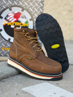 Patron Men’s Lace-Up Work Boots, Crazy Horse Leather with Wedge Sole, Moc Toe - Brown