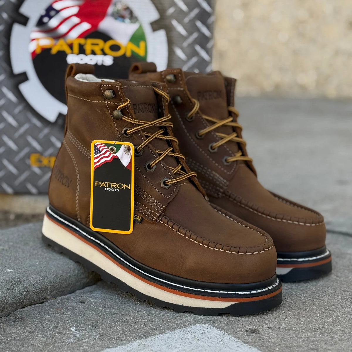 Patron Men’s Lace-Up Work Boots, Crazy Horse Leather with Wedge Sole, Moc Toe - Brown