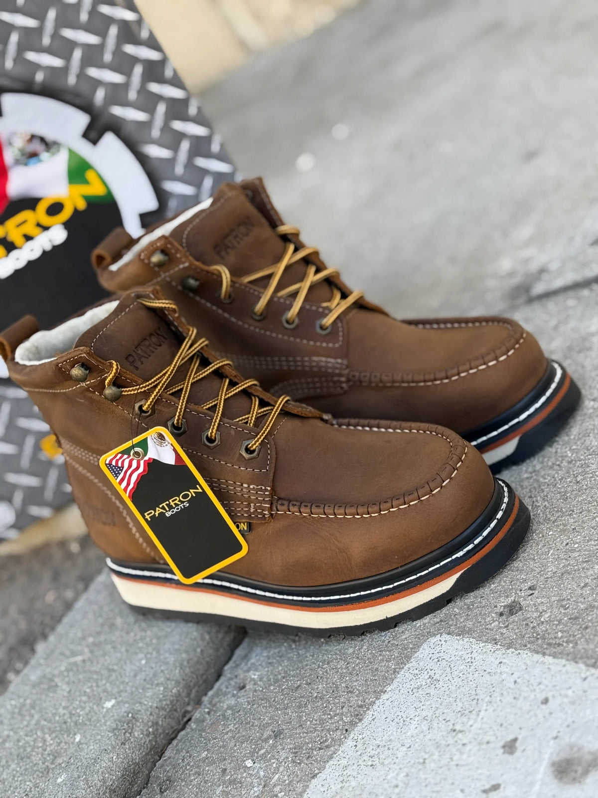 Patron Men’s Lace-Up Work Boots, Crazy Horse Leather with Wedge Sole, Moc Toe - Brown