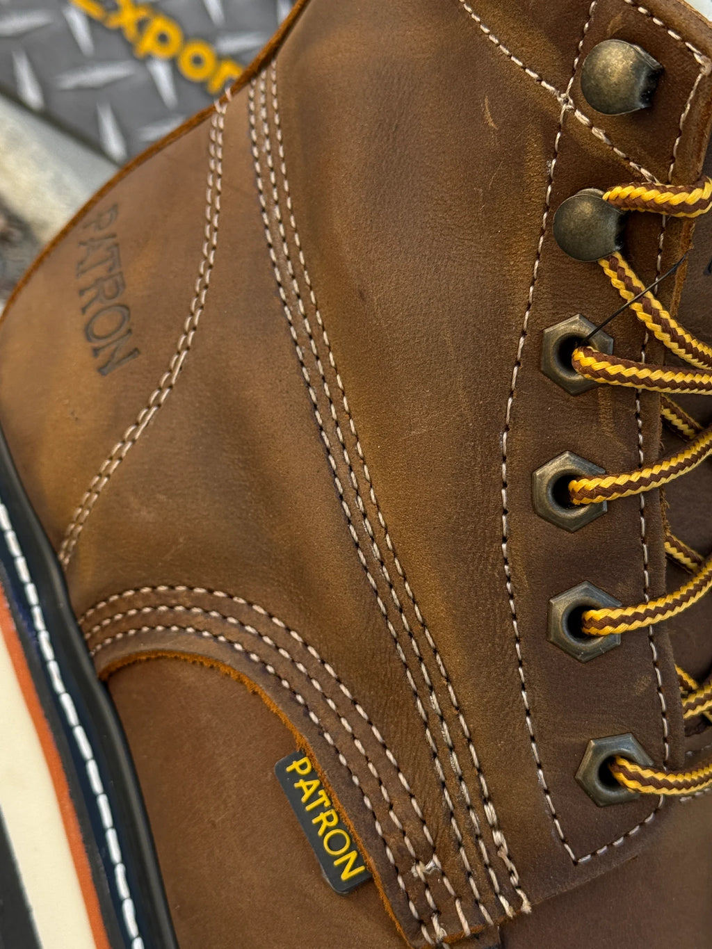 Patron Men’s Lace-Up Work Boots, Crazy Horse Leather with Wedge Sole, Moc Toe - Brown