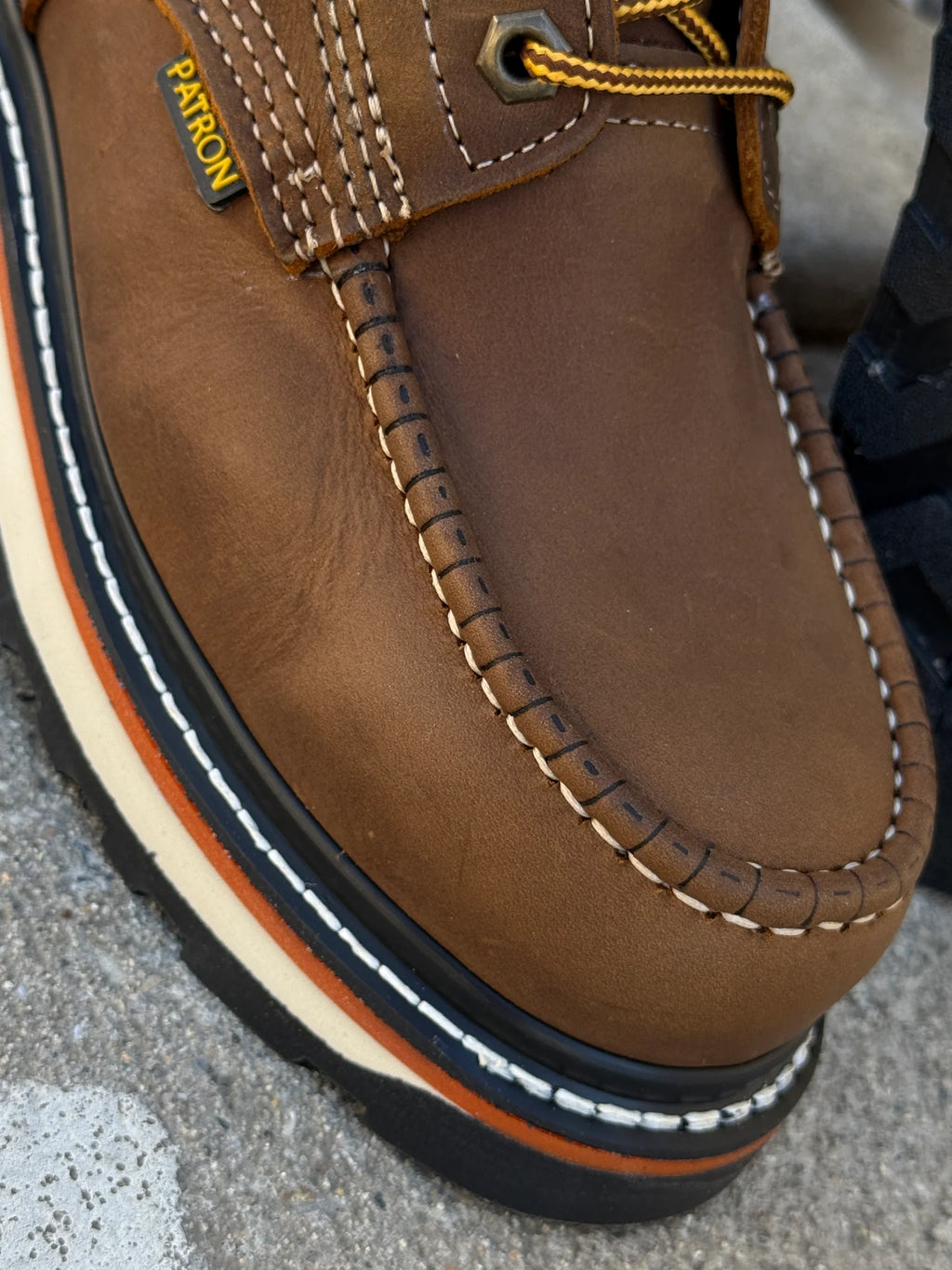 Patron Men’s Lace-Up Work Boots, Crazy Horse Leather with Wedge Sole, Moc Toe - Brown