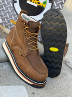Patron Men’s Lace-Up Work Boots, Crazy Horse Leather with Wedge Sole, Moc Toe - Brown