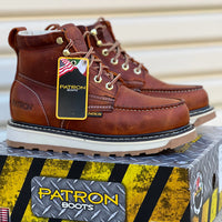 Patron Men’s Lace-Up Work Boots, Leather with Wedge Sole, Moc Toe - Light Brown