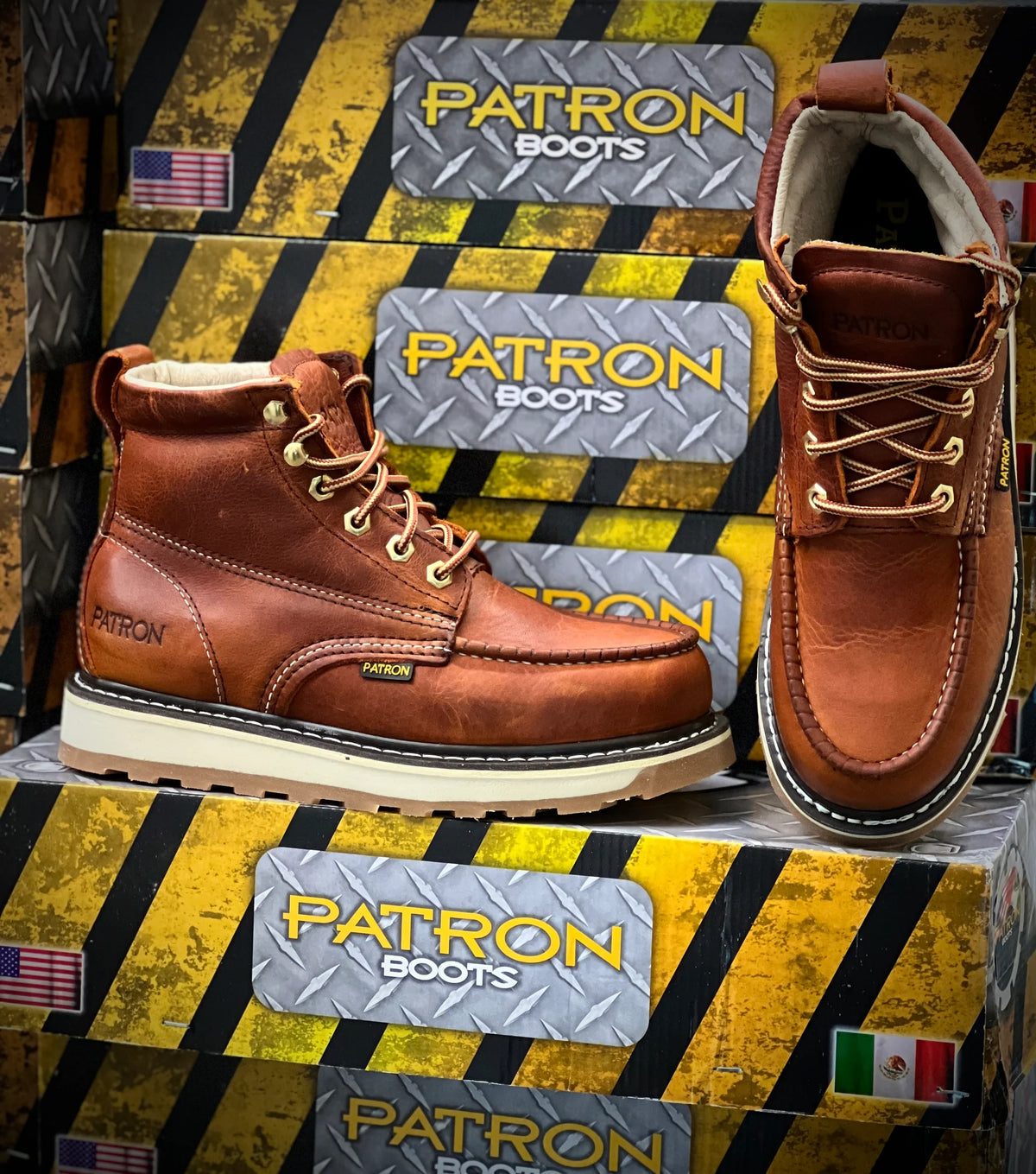 Patron Men’s Lace-Up Work Boots, Leather with Wedge Sole, Moc Toe - Light Brown
