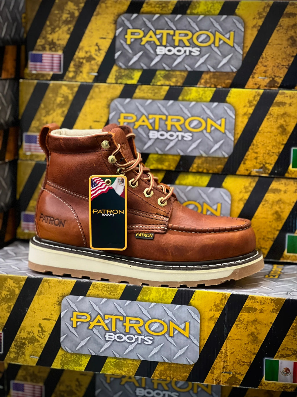 Patron Men’s Lace-Up Work Boots, Leather with Wedge Sole, Moc Toe - Light Brown