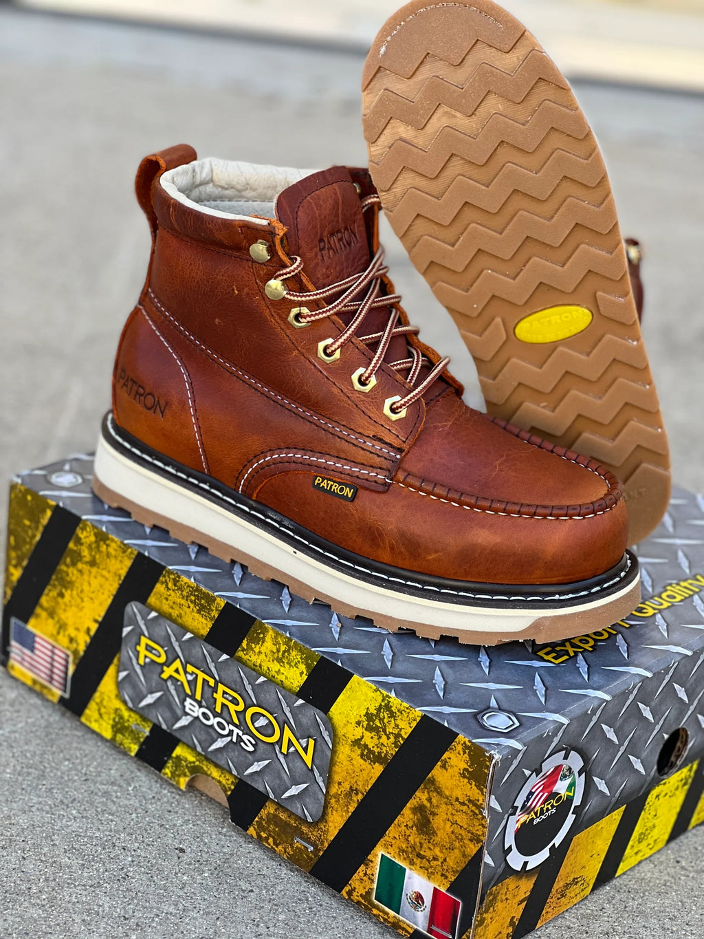Patron Men’s Lace-Up Work Boots, Leather with Wedge Sole, Moc Toe - Light Brown