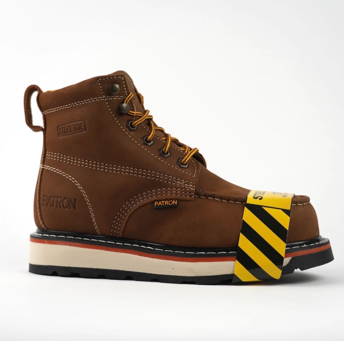 Patron Men’s Lace-Up Work Boots, Crazy Horse Leather with Steel Toe and Wedge Sole, Moc Steel Toe - Brown