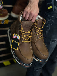 Patron Men’s Lace-Up Work Boots, Crazy Horse Leather with Steel Toe and Wedge Sole, Moc Steel Toe - Brown