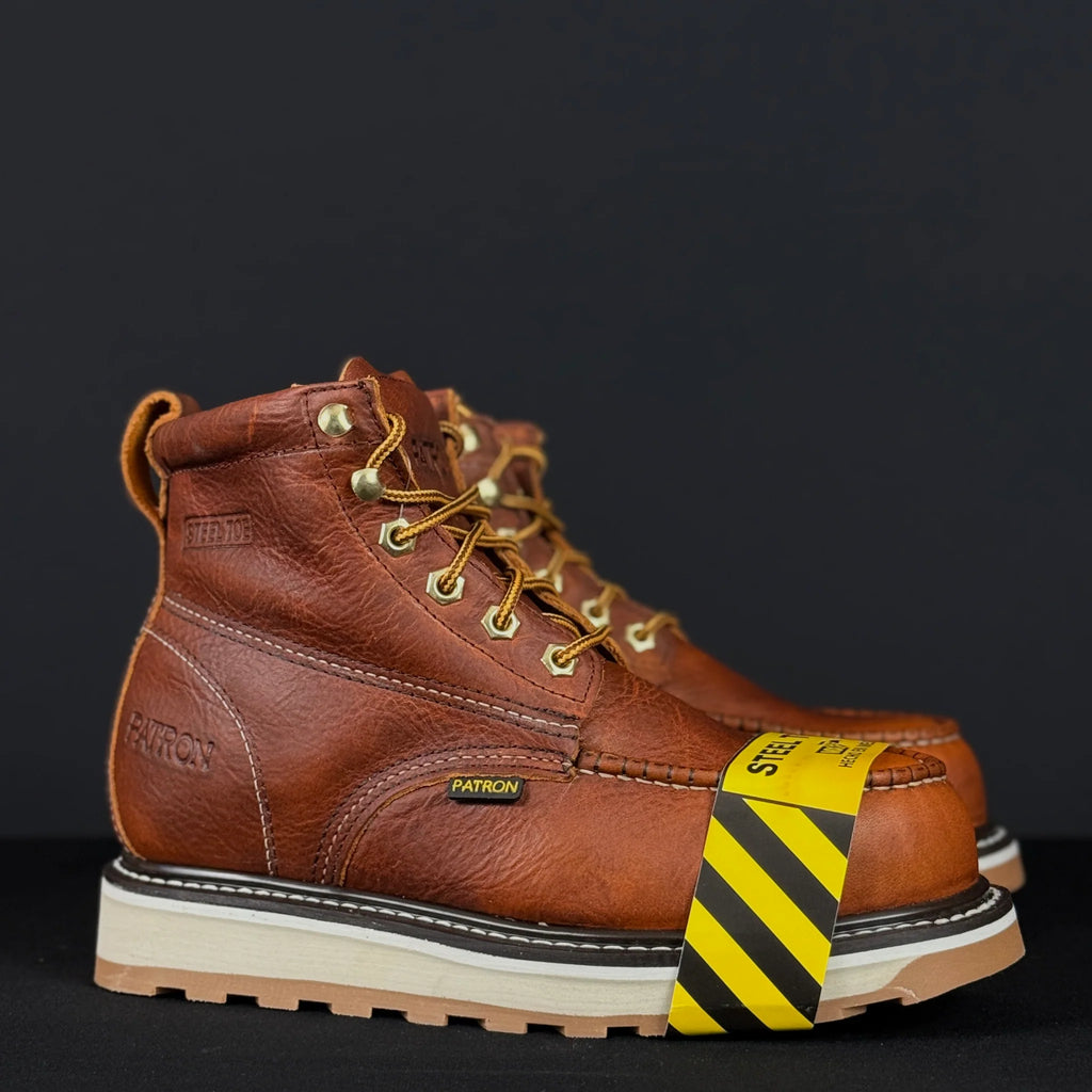 Patron Men’s Lace-Up Work Boots, Leather with Steel Toe and Wedge Sole, Moc Steel Toe - Light Brown