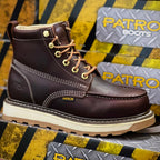 Patron Men’s Lace-Up Work Boots, Leather with Wedge Sole, Moc Toe - Wine