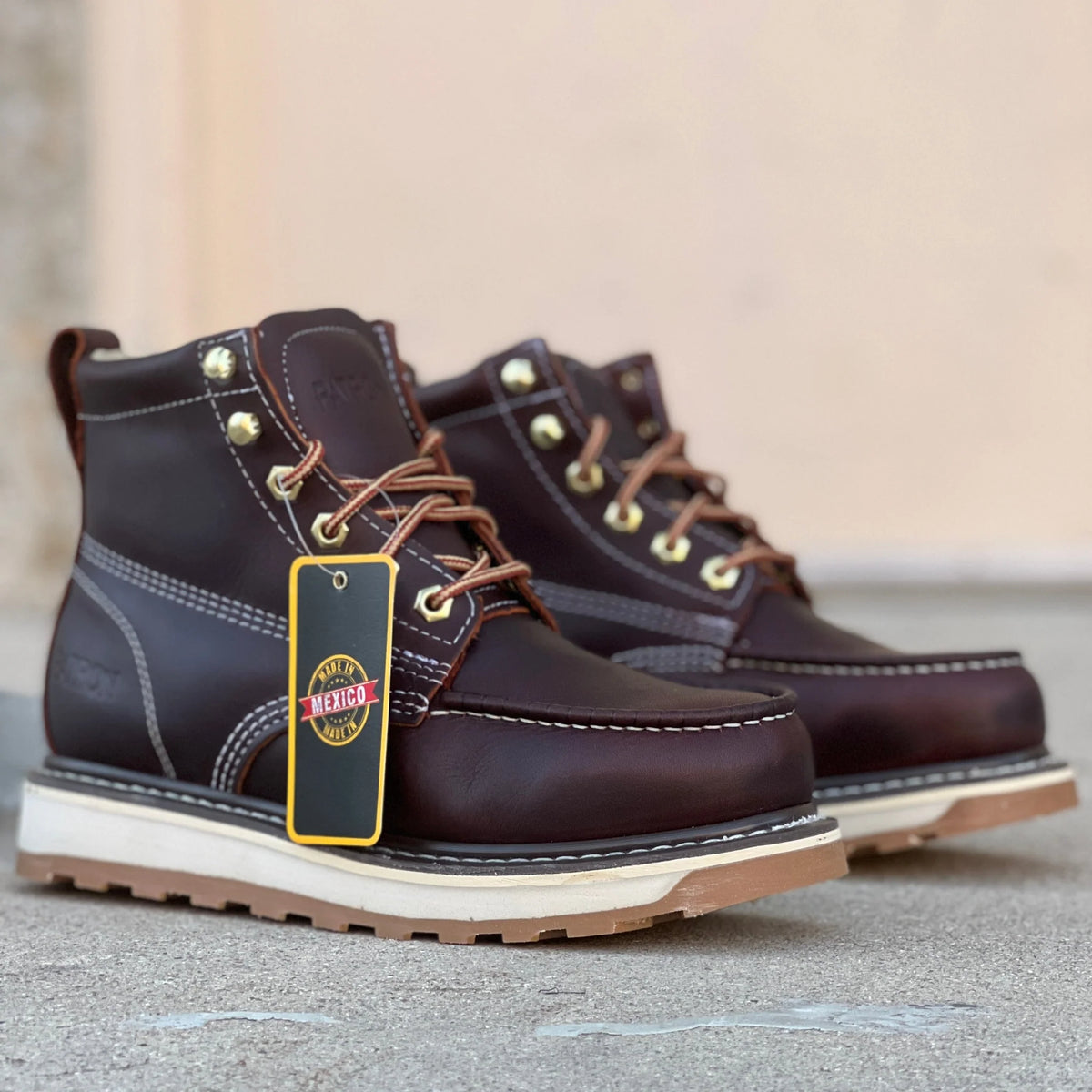 Patron Men’s Lace-Up Work Boots, Leather with Wedge Sole, Moc Toe - Wine