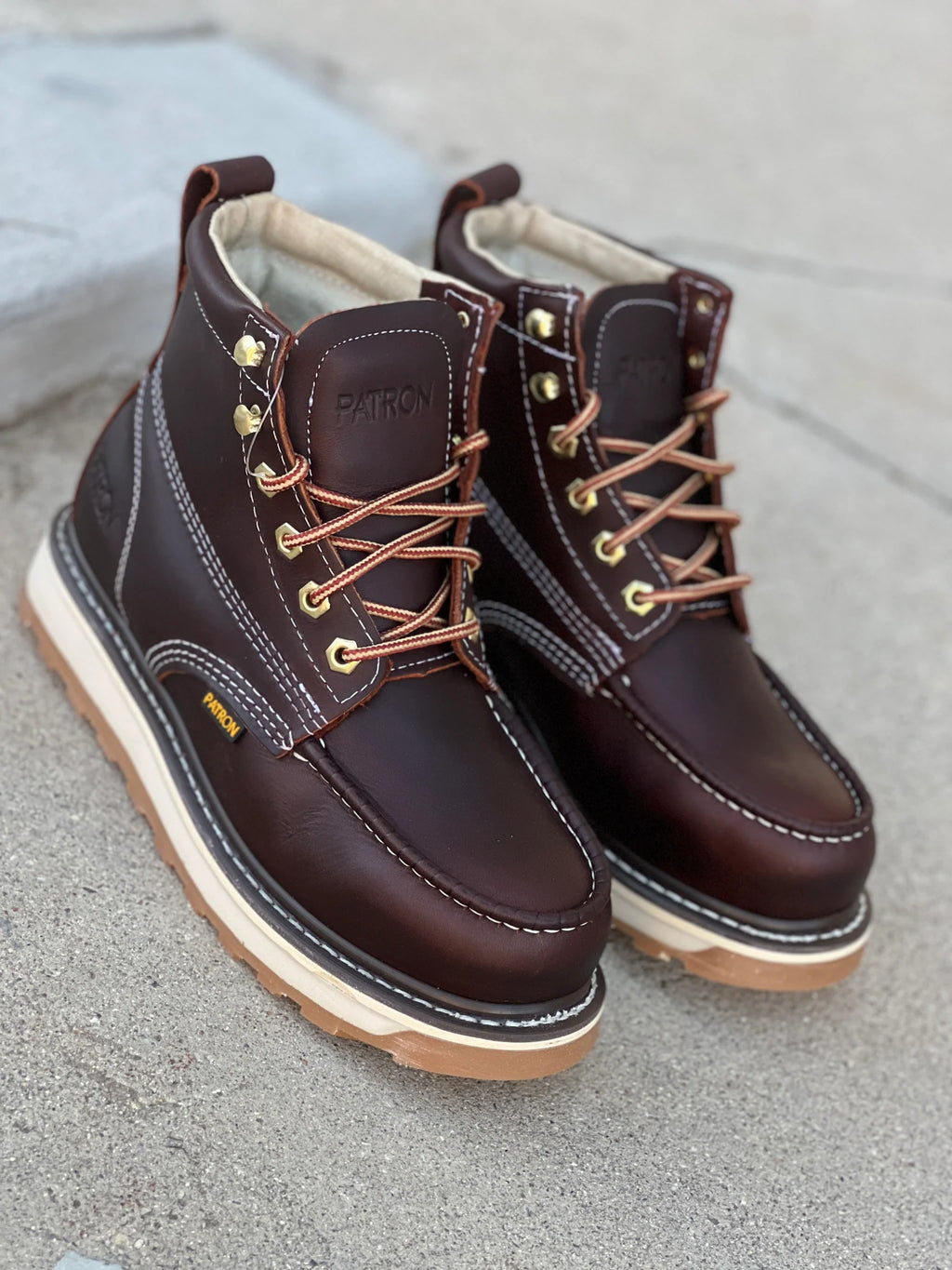 Patron Men’s Lace-Up Work Boots, Leather with Wedge Sole, Moc Toe - Wine