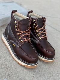 Patron Men’s Lace-Up Work Boots, Leather with Wedge Sole, Moc Toe - Wine