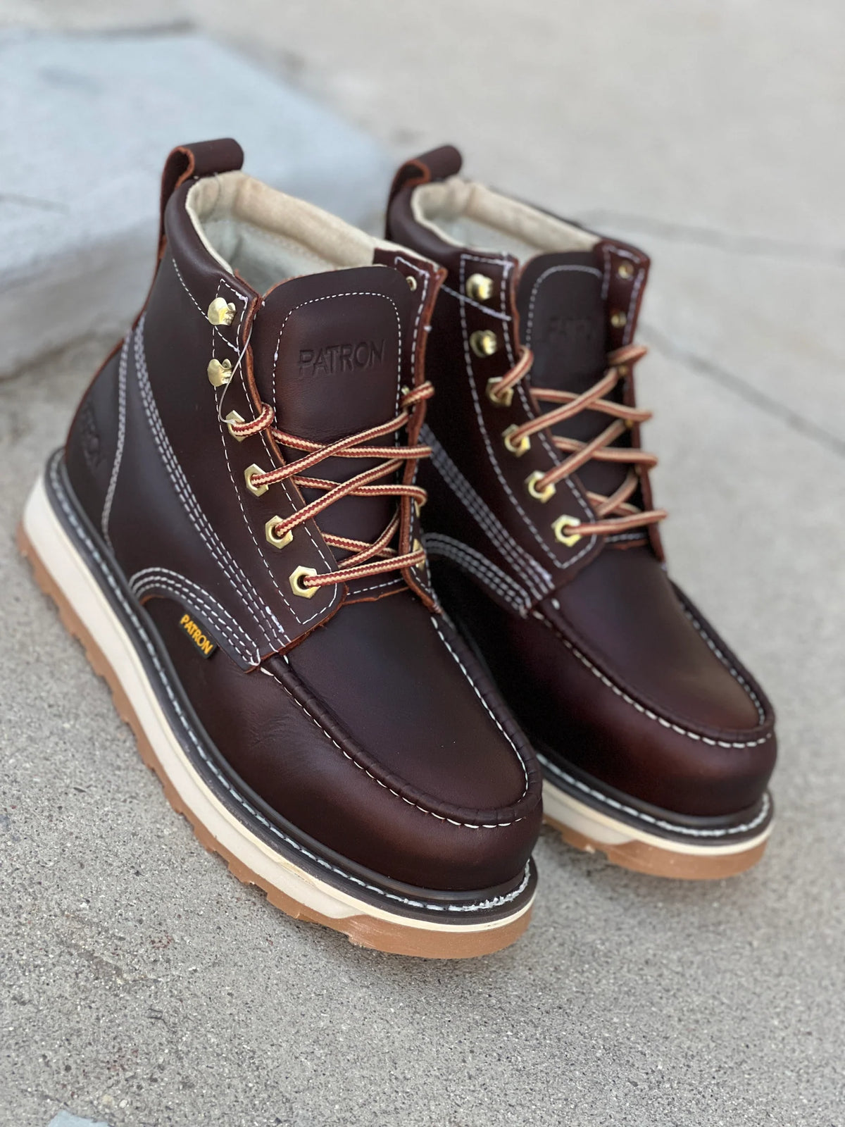 Patron Men’s Lace-Up Work Boots, Leather with Wedge Sole, Moc Toe - Wine