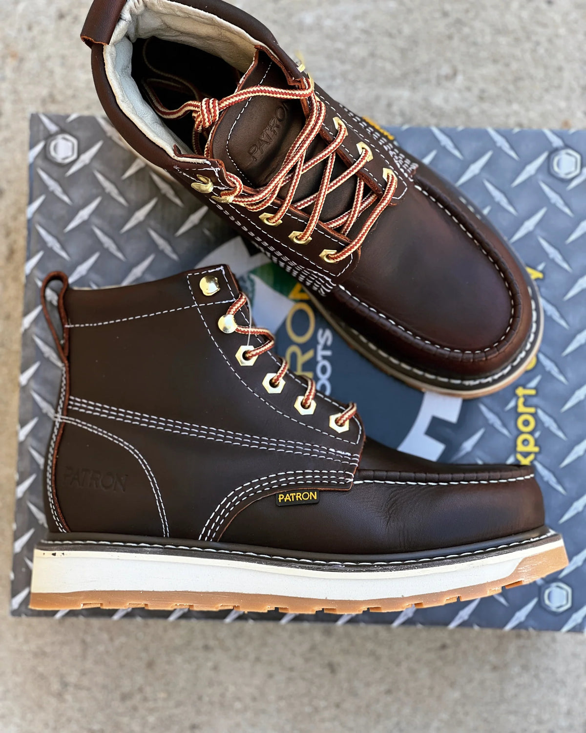 Patron Men’s Lace-Up Work Boots, Leather with Wedge Sole, Moc Toe - Wine
