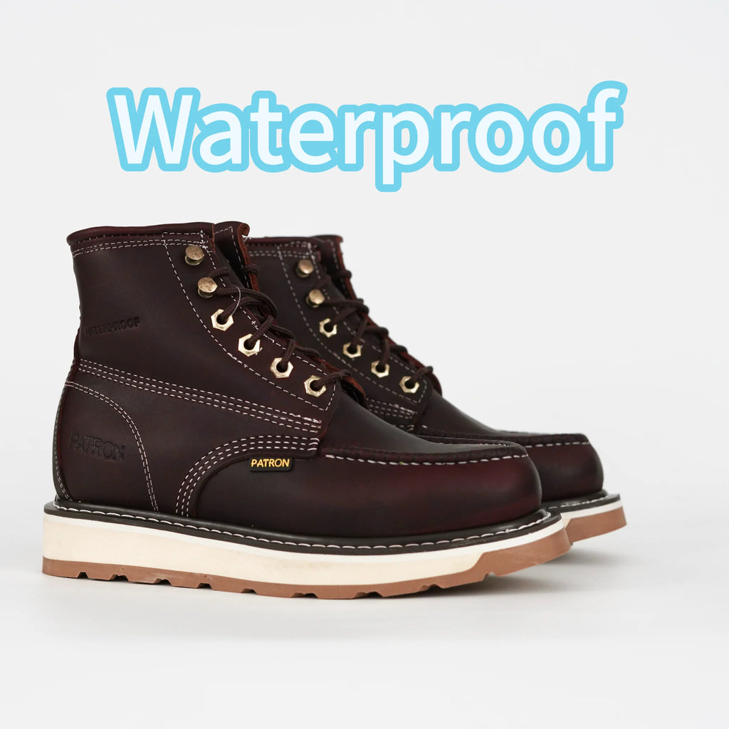Patron Men’s Waterproof Lace-Up Work Boots, Leather with Wedge Sole, Moc Toe - Wine