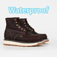 Patron Men’s Waterproof Lace-Up Work Boots, Leather with Wedge Sole, Moc Toe - Wine