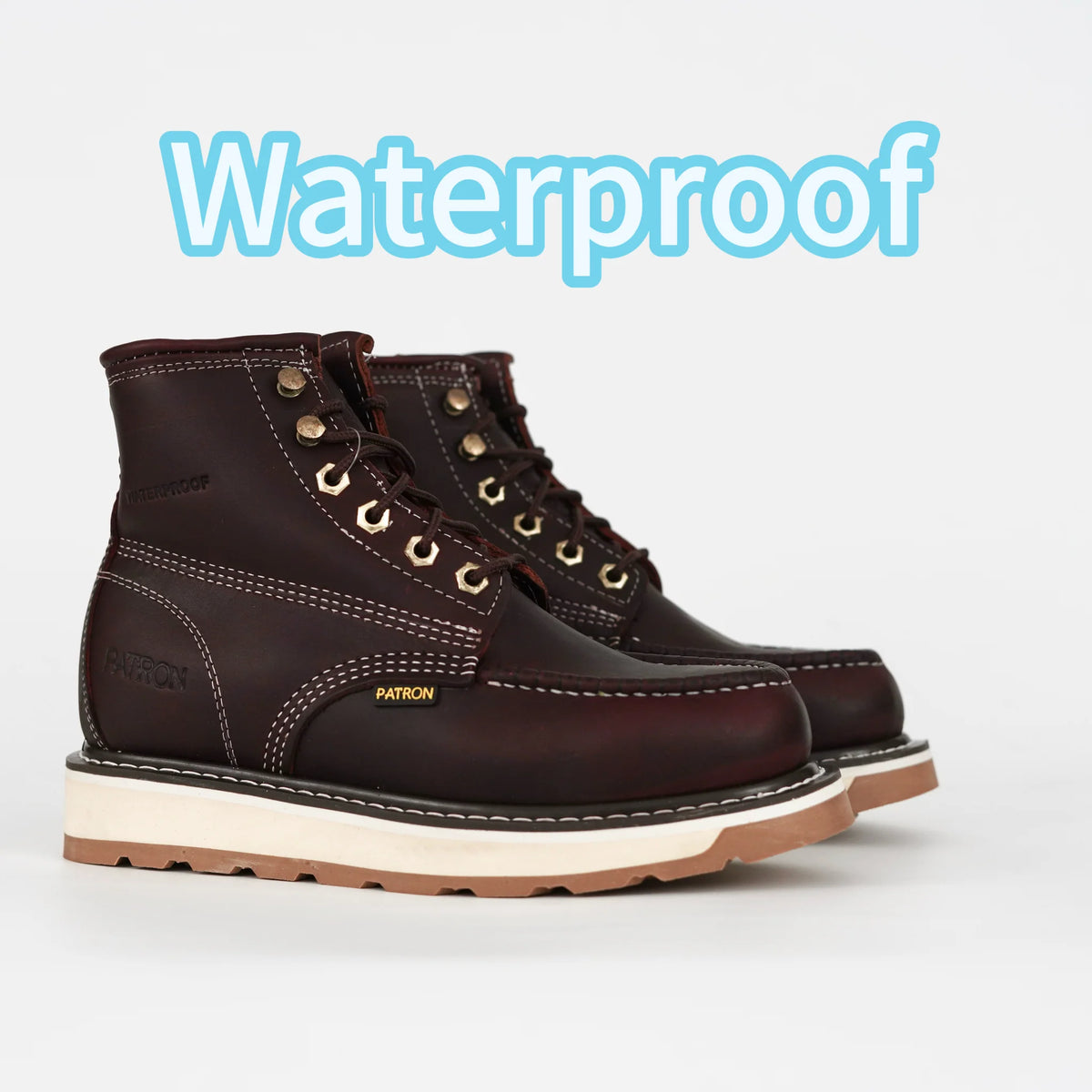 Patron Men’s Waterproof Lace-Up Work Boots, Leather with Wedge Sole, Moc Toe - Wine