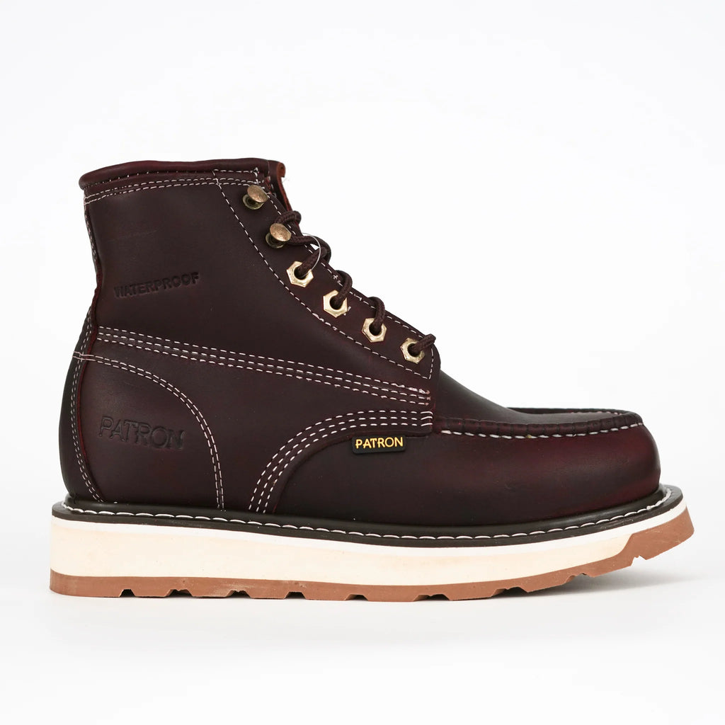 Patron Men’s Waterproof Lace-Up Work Boots, Leather with Wedge Sole, Moc Toe - Wine