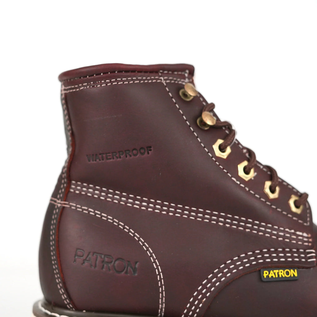 Patron Men’s Waterproof Lace-Up Work Boots, Leather with Wedge Sole, Moc Toe - Wine