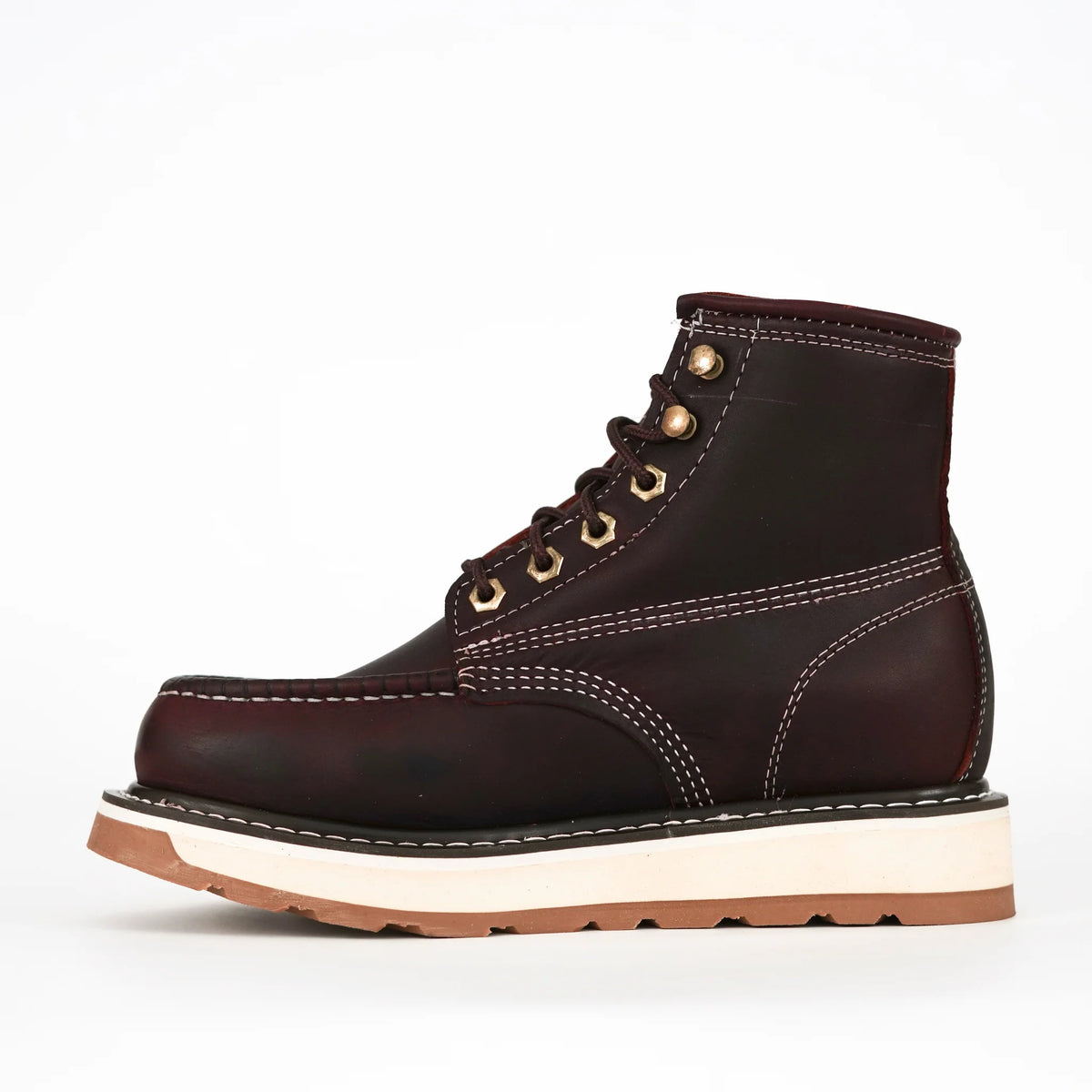 Patron Men’s Waterproof Lace-Up Work Boots, Leather with Wedge Sole, Moc Toe - Wine
