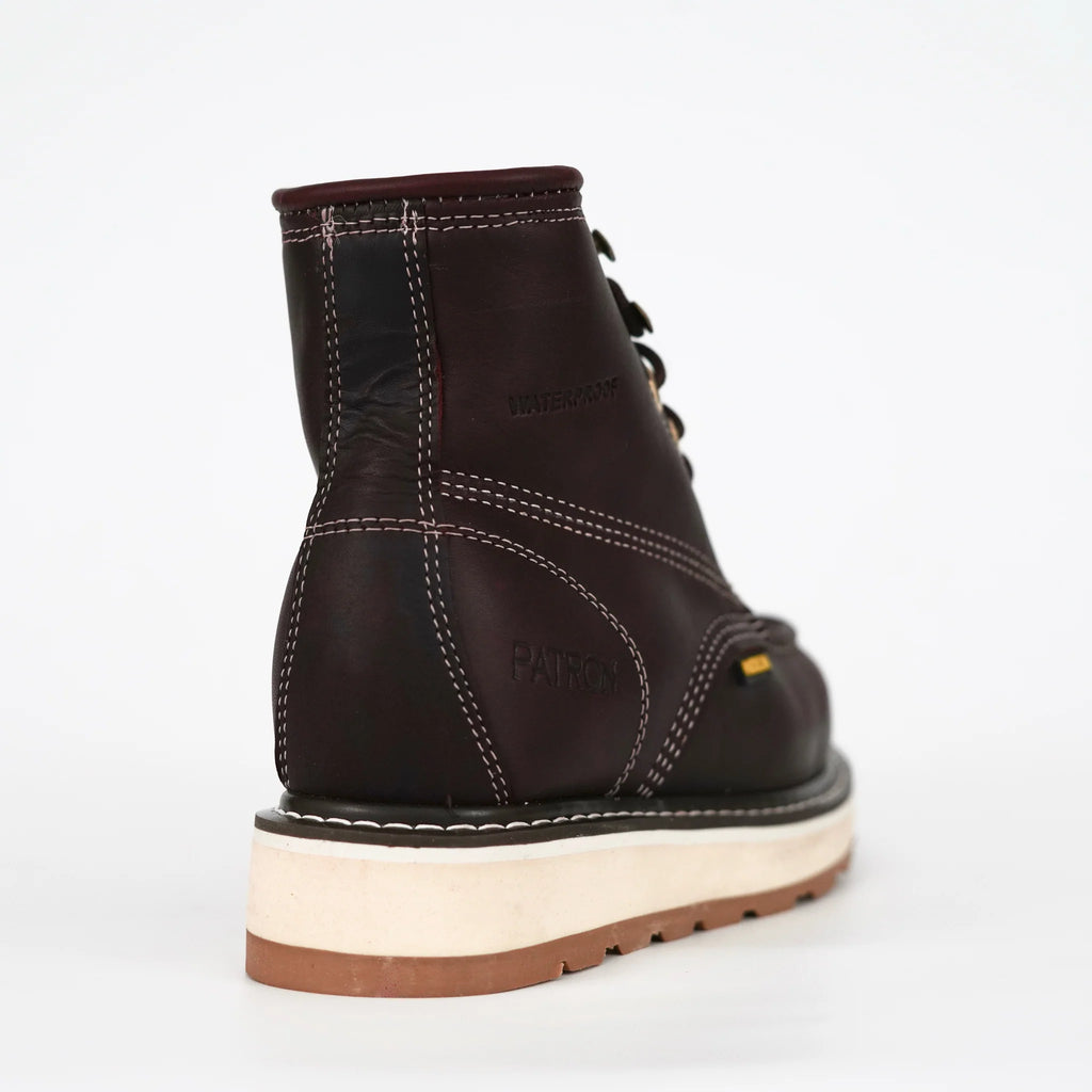 Patron Men’s Waterproof Lace-Up Work Boots, Leather with Wedge Sole, Moc Toe - Wine