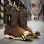 Patron Men’s Cowboy Work Boots, Nubuck with Steel Toe and Embroidered Shaft, Square Steel Toe - Moka Brown